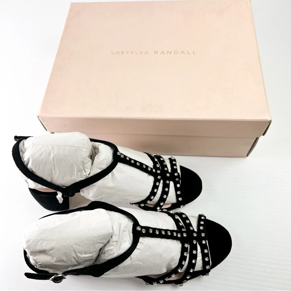 LOEFFLER RANDALL Sandal Womens 7.5  Black Elena Strappy Velvet Block-Heel Shoes